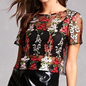 F21/a.peach semi-sheer embroidered top